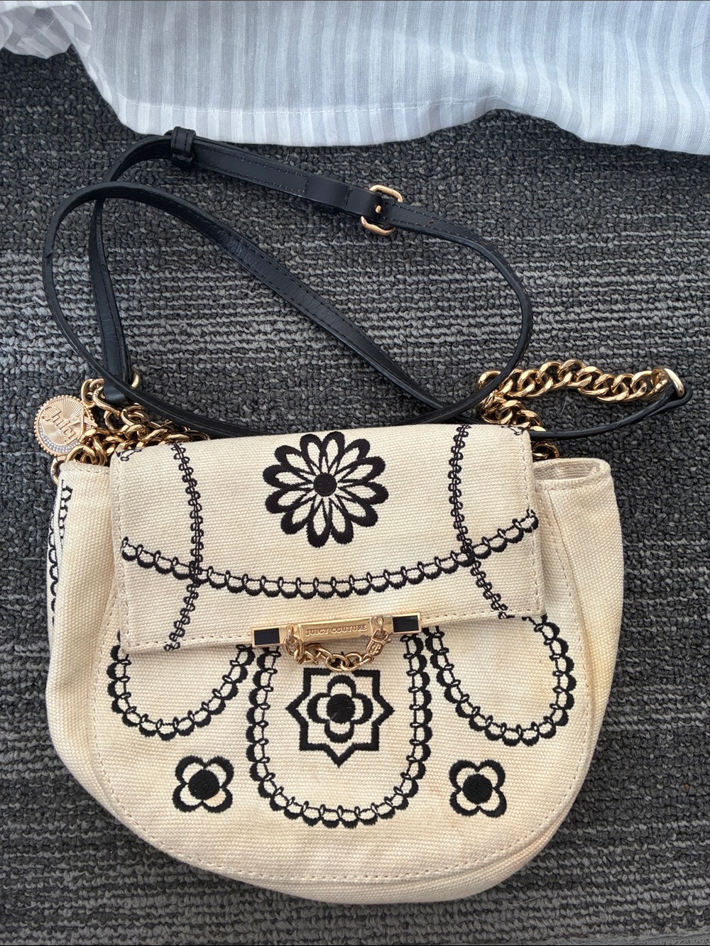 Juicy Couture Beige Embroidered Crossbody Bag with Gold Chain Accent